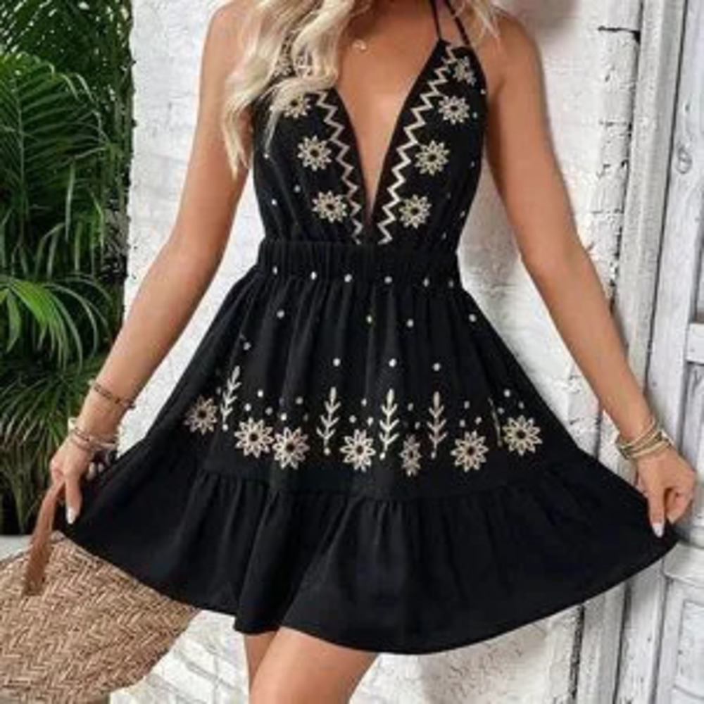 Black Preppy Womens Women's Deep V-Neck Dress With Floral Embroidery